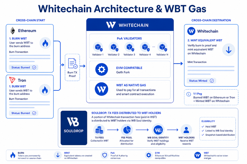 Whitechain cross-chain burn-mint flow and WBT gas plus SoulDrop fee distribution