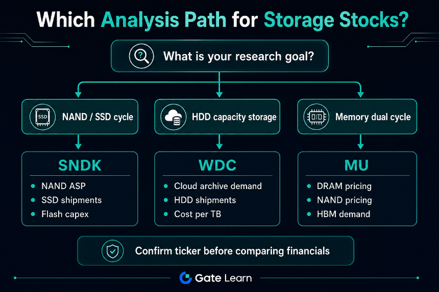 Storage stock analysis path selection for SNDK WDC and Micron by research goal and cycle type