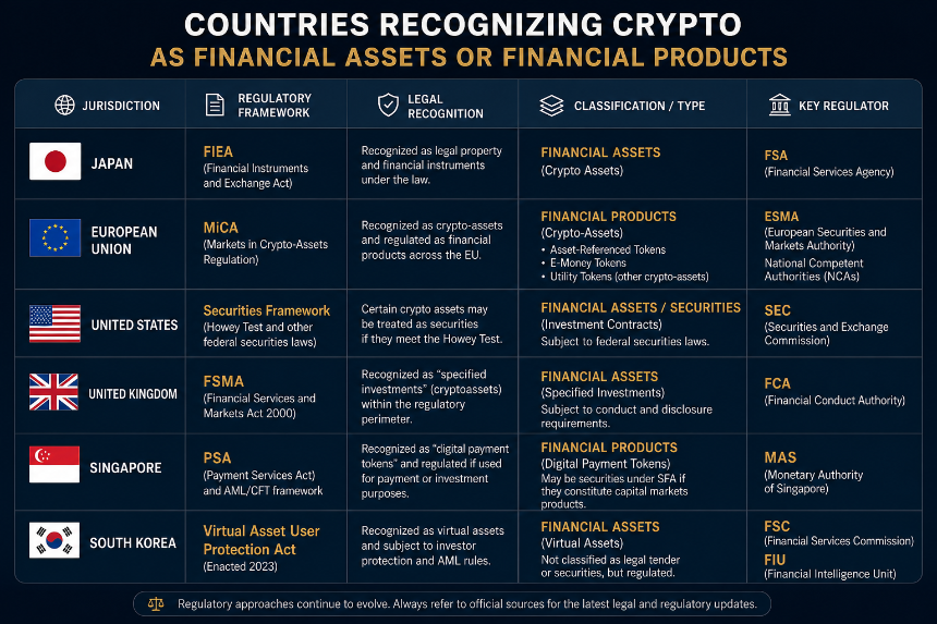 Countries recognizing crypto as financial assets or financial products including Japan United States European Union United Kingdom Singapore and South Korea