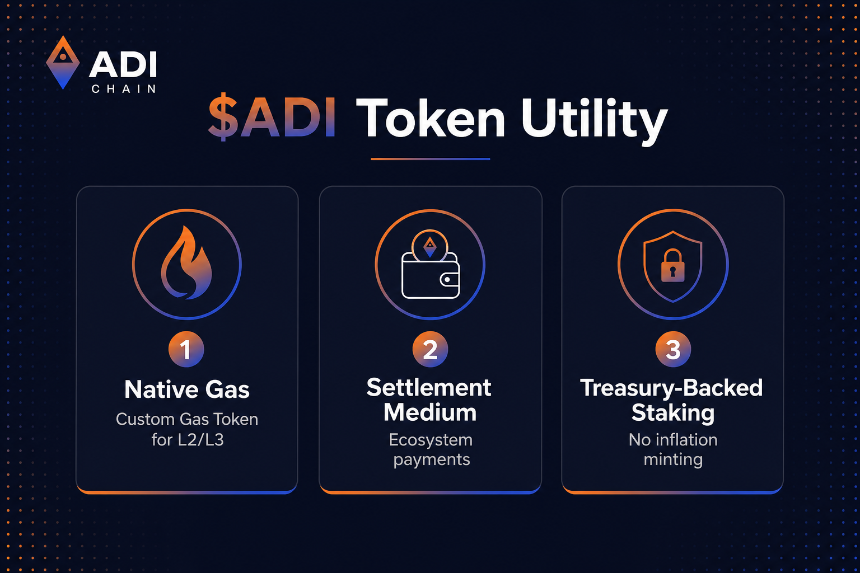 ADI Chain ADI token utility: Gas, settlement, and treasury-backed staking