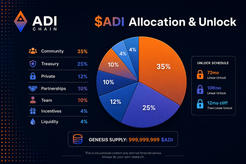 ADI tokenomics allocation and unlock schedule for 999999999 genesis supply