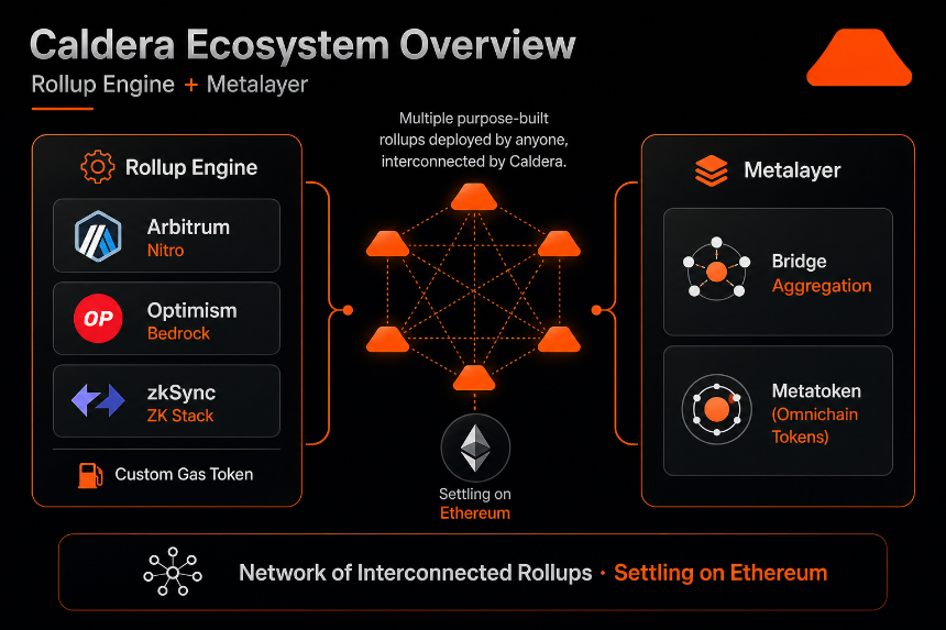 Caldera ecosystem overview with Rollup Engine and Metalayer