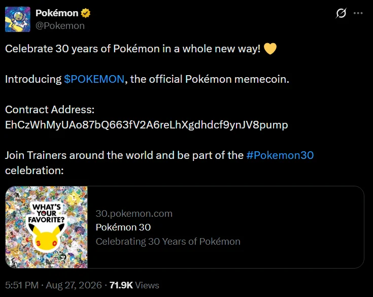 什么是 Pokémon Meme 币?假正式发布、X 帐户被盗和疯狂的价格变动